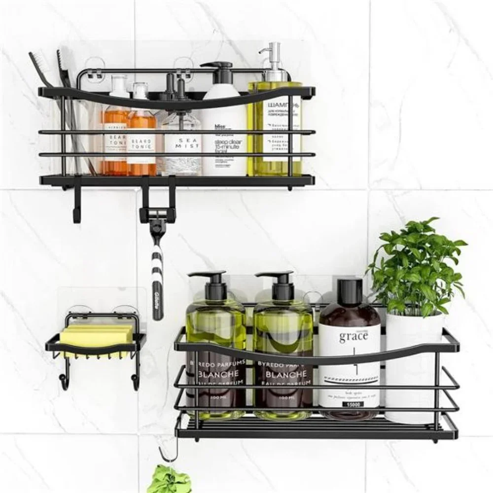 Adhesive Shower Caddy Basket Shelf with 4 Hooks for Shampoo Soap Dish Holder